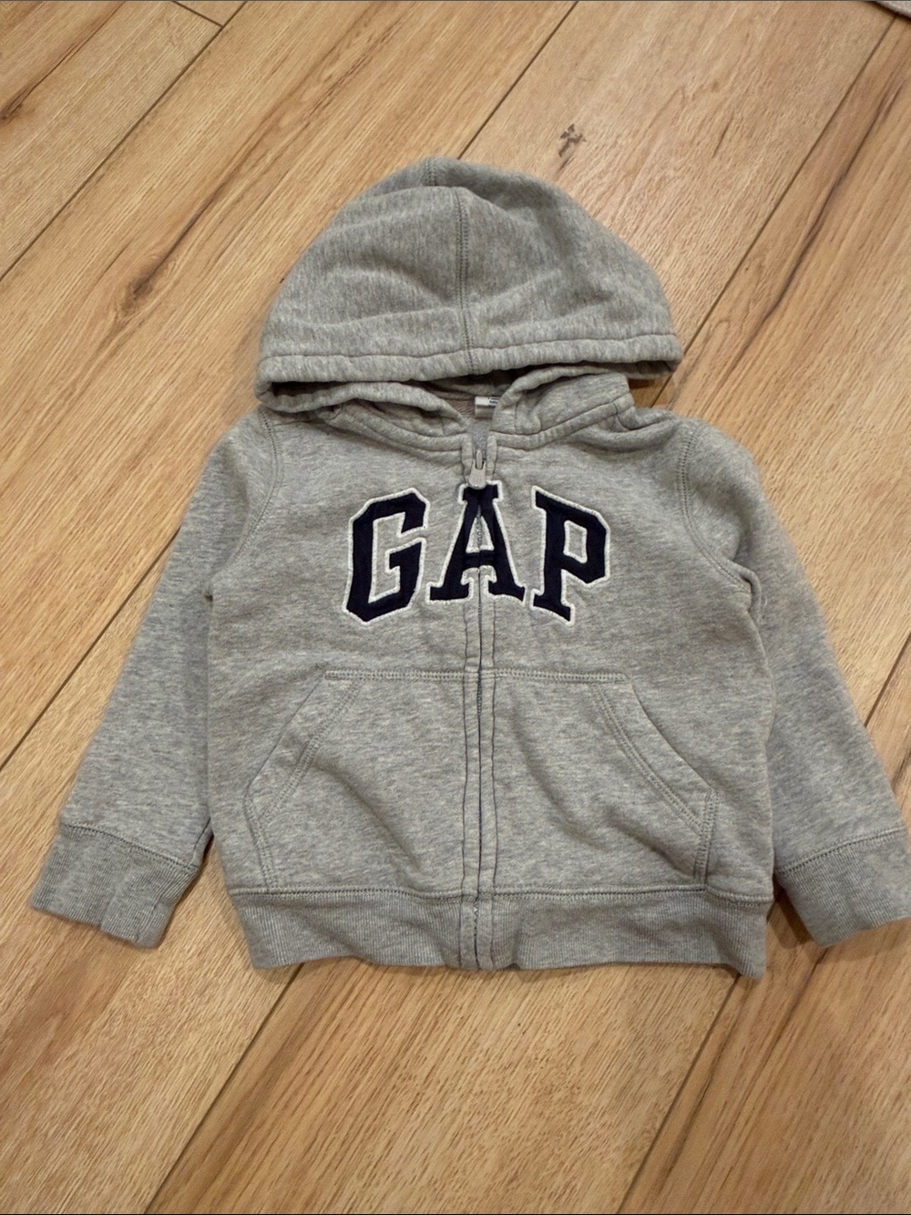 GAP Kids Hooded Zip Sweatshirt - Light Gray with Navy Logo